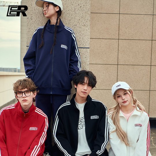 ER Stripe Contrast Color Cardigan Sweater Suit Trendy Brand American Sportswear Campus Style Couple Wear Same Style for Celebrities