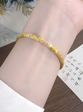 9999纯银手镯女时尚葫芦手镯描金珐琅樱花梅花手镯新中式足银手镯