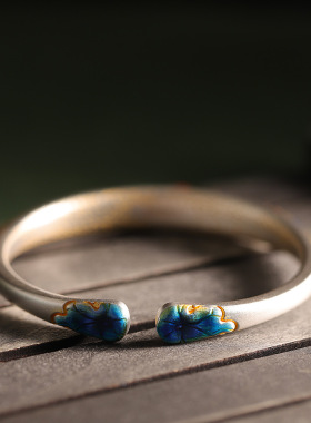 人品银品 足银999.9鱼戏莲描金珐琅彩手镯时尚清新精致百搭手饰