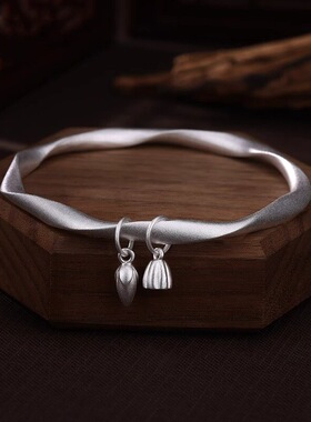 莫比乌斯环足银9999纯银手镯女莲蓬莲子两世欢实心银镯子新款送女