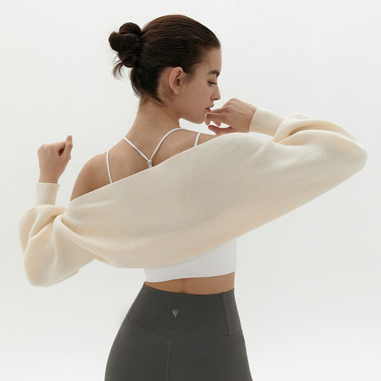 韩国时尚长袖针织泡泡袖瑜伽服普拉提披肩运动上衣短款优雅小坎肩