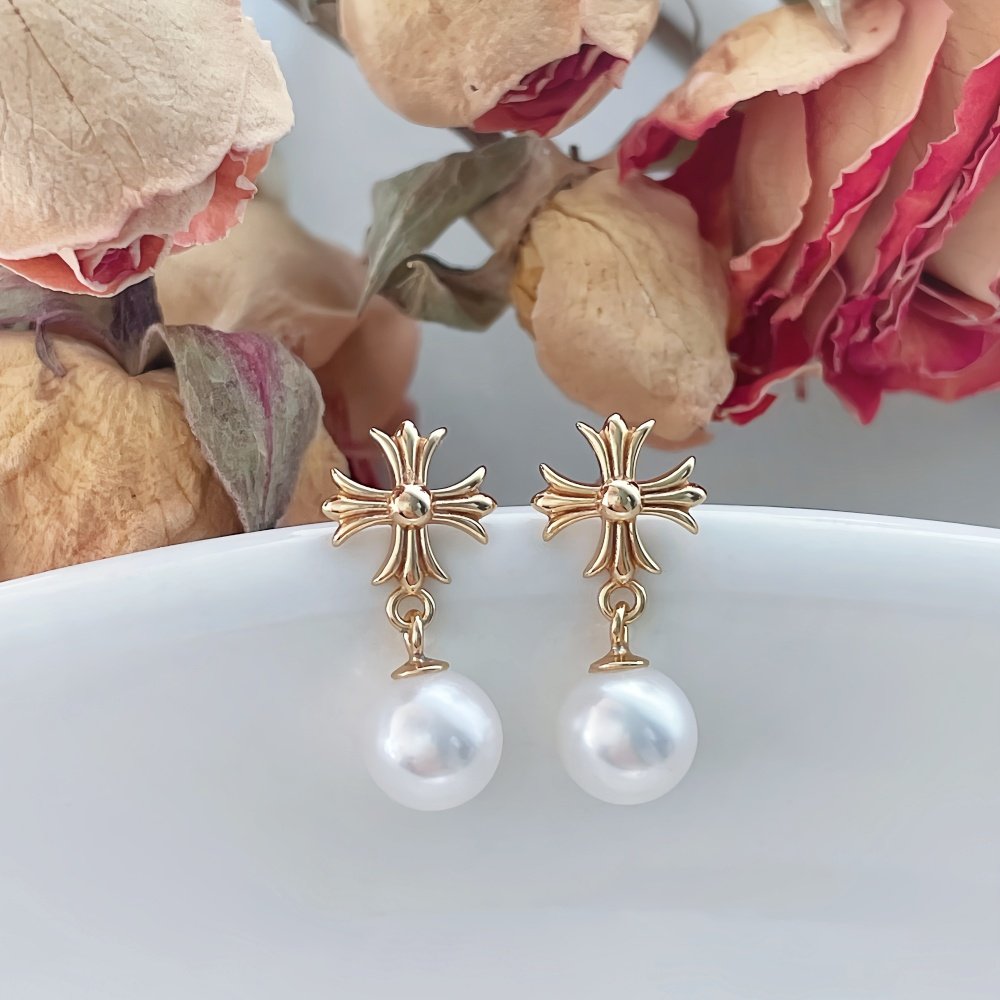 天然淡水珍珠强光圆珠耳钉经典简约纯银耳饰时尚十字架明星款耳环,淘宝优惠券,粉丝福利购,淘宝优惠卷