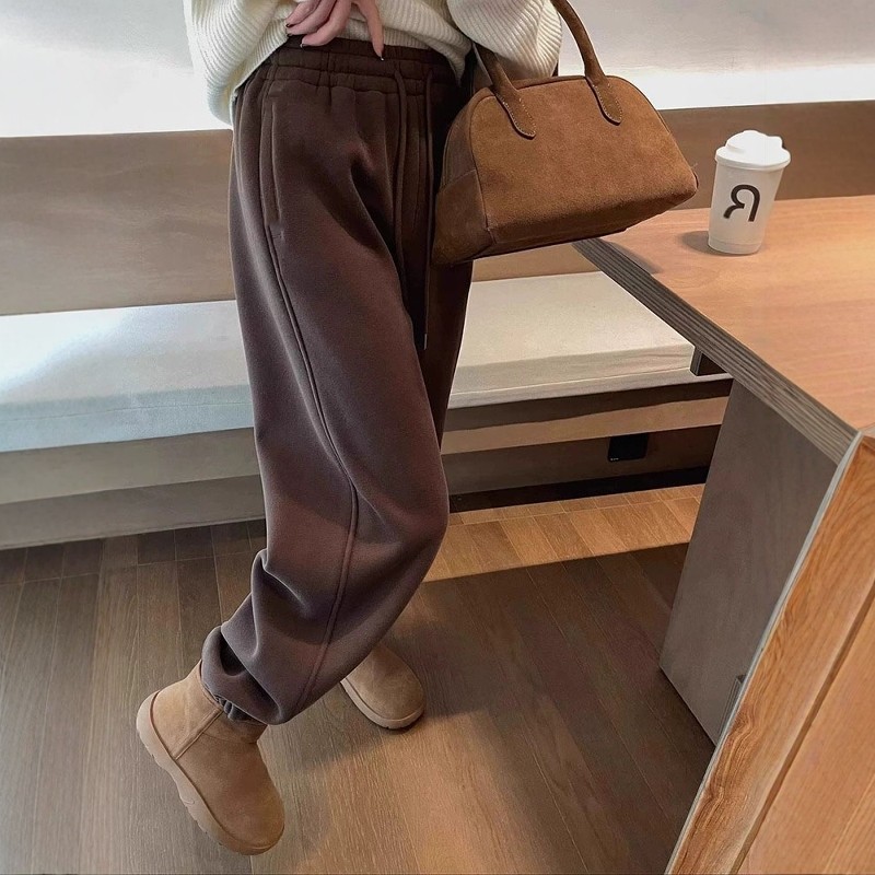 裤子女2025新款秋冬季加绒加厚直筒运动休闲咖啡色束脚卫裤,淘宝优惠券,粉丝福利购,淘宝优惠卷