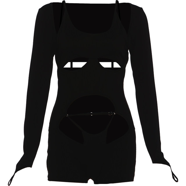 KLIOU cool and sexy hollow black long-sleeved T-shirt for women with stylish design and slimming one-piece shorts