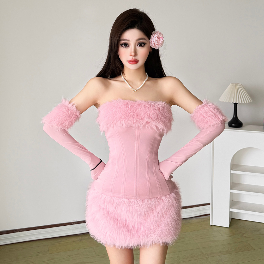 KLIOU 减龄甜辣妹设计感毛毛拼接抹胸背心带袖套修身显瘦上衣 女,淘宝优惠券,粉丝福利购,淘宝优惠卷