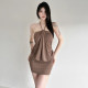 KLIOU Fashion Retro Brown Diamond Decorated Halter Dress Women's Design Slimming Covering Buttocks Short Skirt