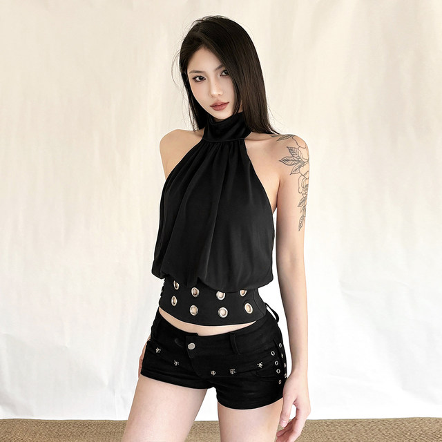 KLIOU Sweet and Spicy Fashionable Retro Metal Decorated Half-Tall Collar Vest Women's Slim Covering Backless Versatile Top