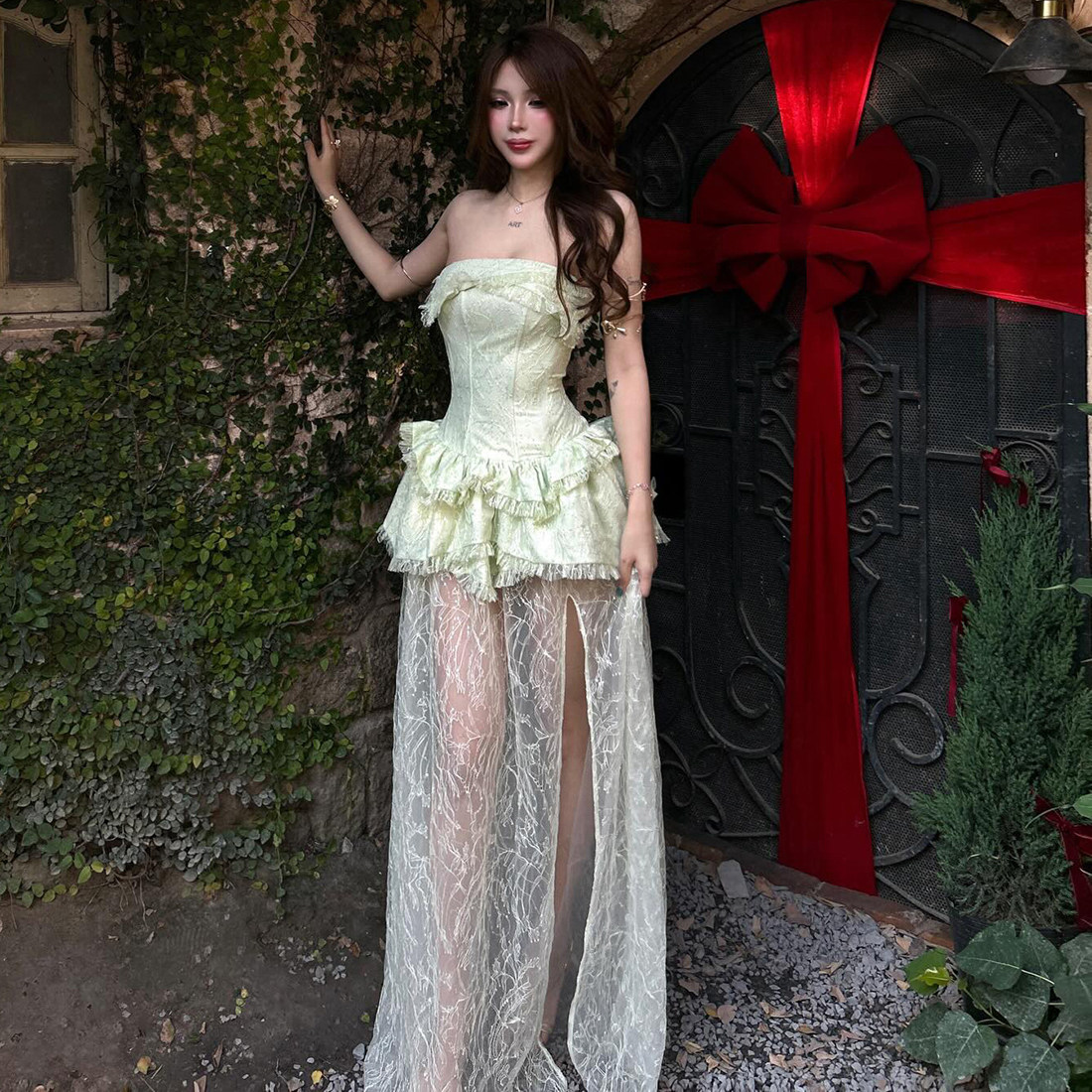 KLIOU 纯欲森系少女感俏皮别致抹胸连衣裙女蕾丝拼接减龄显瘦长裙,淘宝优惠券,粉丝福利购,淘宝优惠卷