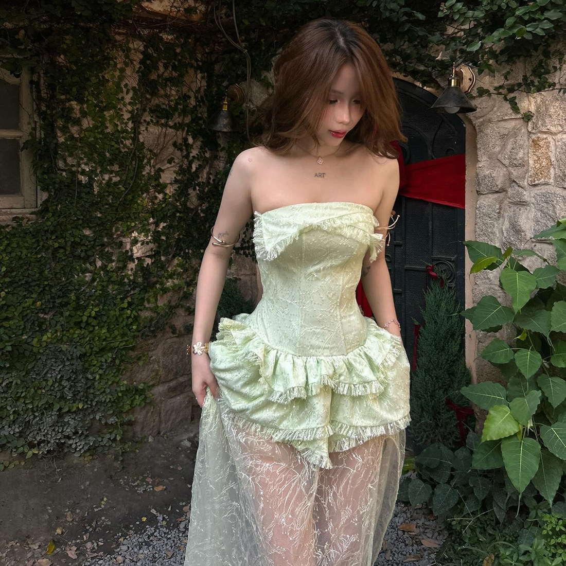 KLIOU 纯欲森系少女感俏皮别致抹胸连衣裙女蕾丝拼接减龄显瘦长裙,淘宝优惠券,粉丝福利购,淘宝优惠卷