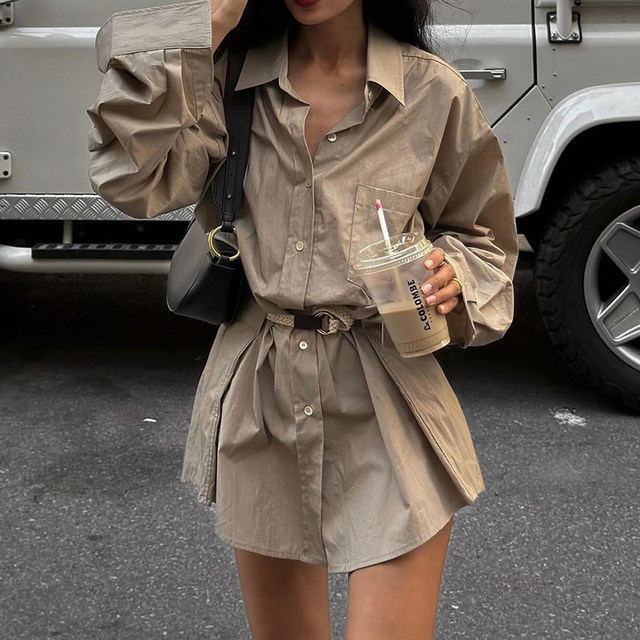 Street fashion lazy khaki shirt dress