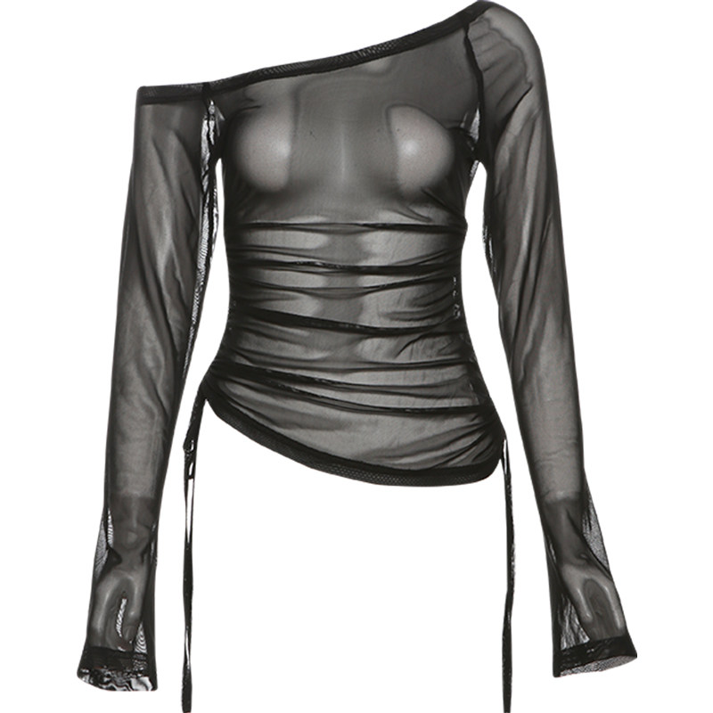 KLIOU 钓系姐姐风性感透视网纱斜领长袖T恤女抽绳显瘦百搭上衣 潮