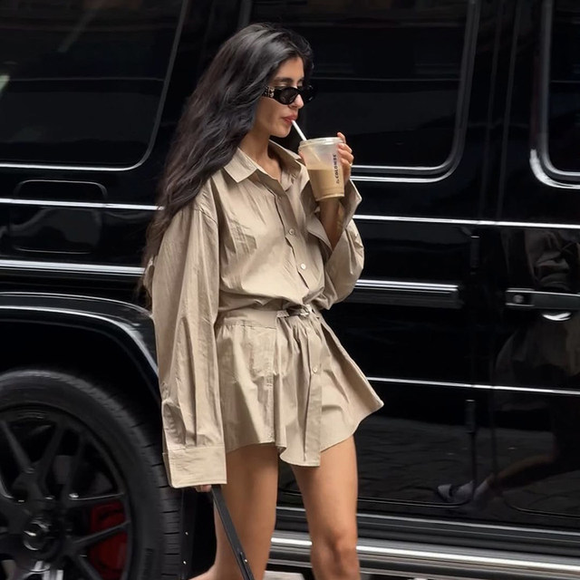 Street fashion lazy khaki shirt dress