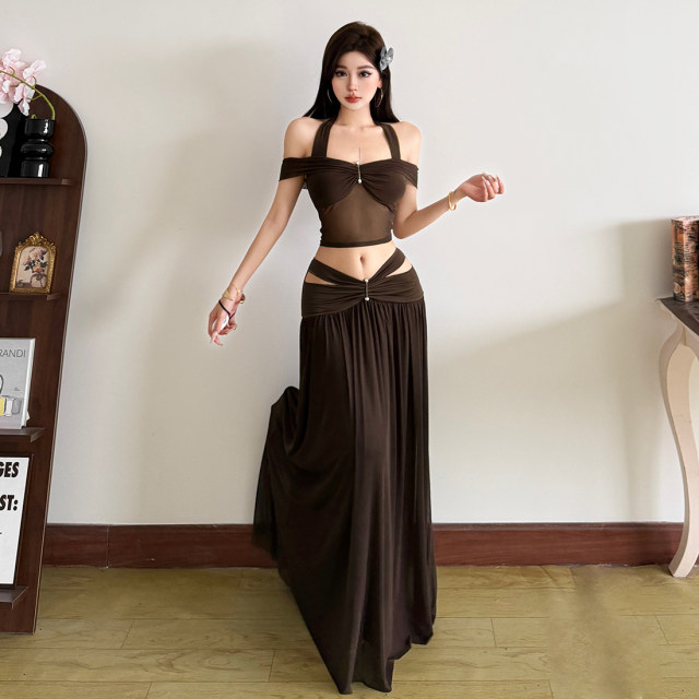 KLIOU Milk Brown Retro Mesh Spliced Halter Neck Off-Shoulder Top Hollow Slim High Waist Skirt Suit