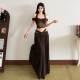 KLIOU Milk Brown Retro Mesh Spliced Halter Neck Off-Shoulder Top Hollow Slim High Waist Skirt Suit