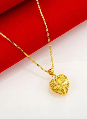 18K黄金色吊坠项链防过敏女款999真金色桃心吊坠女士金项链