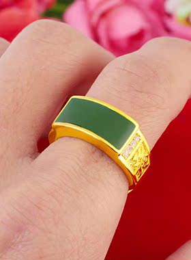 18K黄金色男款老板戒指 999真金色金版绿发戒指镶嵌指环
