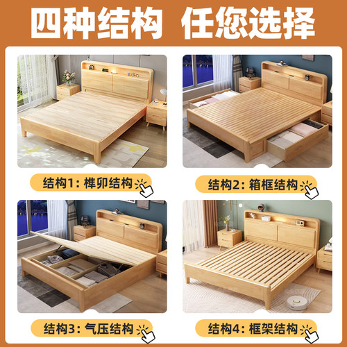 北欧实木床1.8软靠带夜灯双人床1.5m1.35现代简约小户型1.2储物床 - 图0