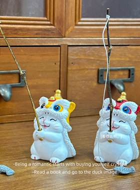 「无聊了 看招财醒狮猫钓鱼」招财创意阳台装饰造景桌面摆件礼物