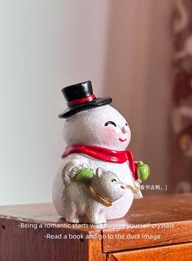 雪人牵小猫纯手工彩绘摆件