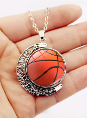 足球篮球排球图案双面旋转月亮吊坠项链女百搭欧美复古毛衣链饰品