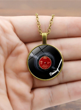 复古黑胶唱片图案时光宝石吊坠项链女百搭欧美复古毛衣链