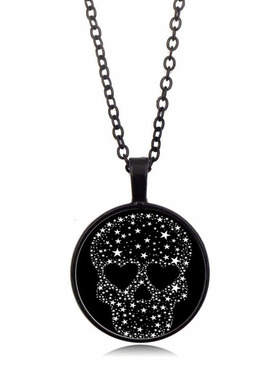 新品配饰黑色骷髅头时光宝石项链饰品欧美水晶吊坠复古毛衣链