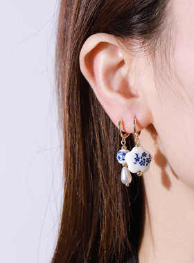 原创设计青花瓷淡水珍珠吊坠女欧美跨境夏季百搭气质项链套装