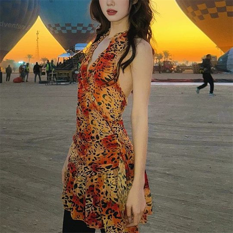 shemoda豹纹烈焰印花网纱拼接V领挂脖连衣裙女拉链修身飘带雪纺裙,淘宝优惠券,粉丝福利购,淘宝优惠卷