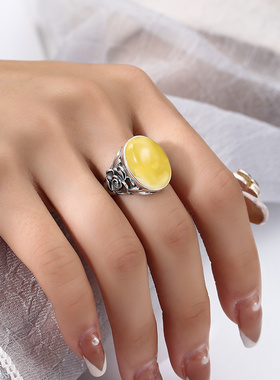 复古镶嵌琥珀蜜蜡活口银戒指