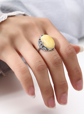 复古戒指镶嵌蜜蜡S925纯银戒托