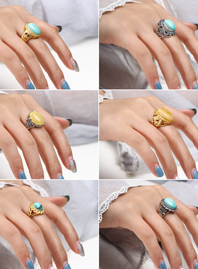 椭圆形纯银戒指空托翡翠蜜蜡戒托