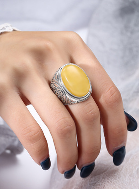 纯银镶嵌琥珀蜜蜡绿松石戒指空托