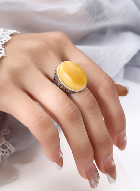 纯银戒指空托镶嵌蜜蜡琥珀925