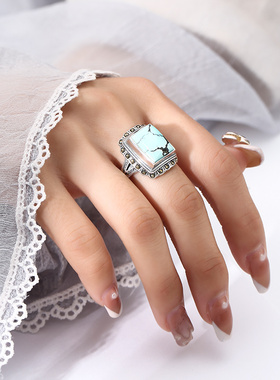 男女款方形绿松石戒指托diy活口