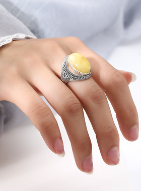 s925纯银复古戒指空托琥珀蜜蜡