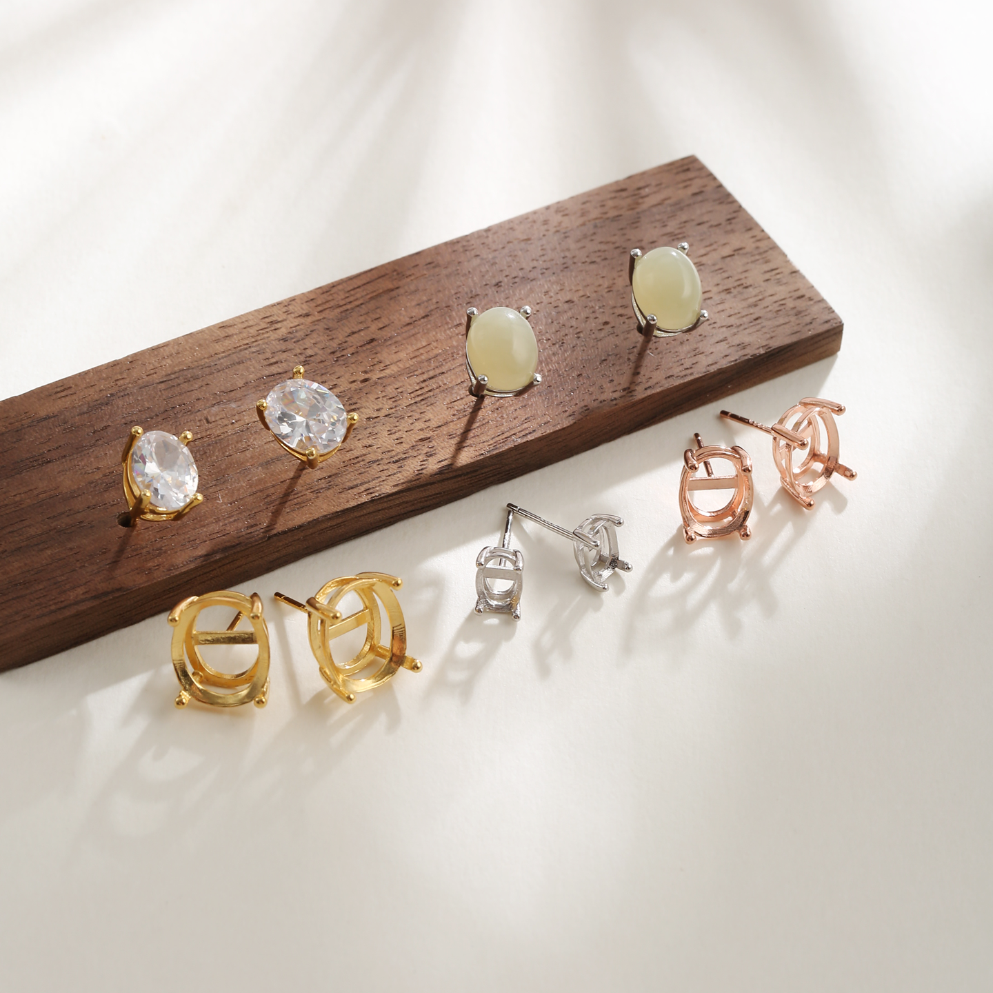 925银日韩四爪椭圆形耳钉空托配件镶嵌翡翠宝石钻石18K金耳环配件,淘宝优惠券,粉丝福利购,淘宝优惠卷