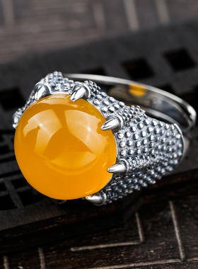 纯银戒指镶嵌绿松石琥珀活口