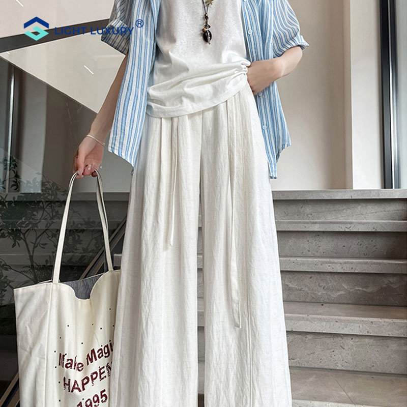 蓝色天丝亚麻裤女夏季薄款简约防晒透气弯刀裤百搭山本阔腿裤子