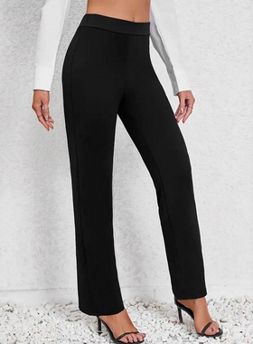 Women's straight leg high waisted black pants女高腰长裤黑色