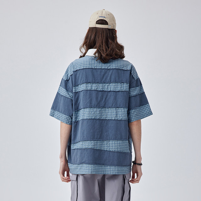 ເສື້ອໂປໂລແຂນສັ້ນ GUUKA plaid patchwork