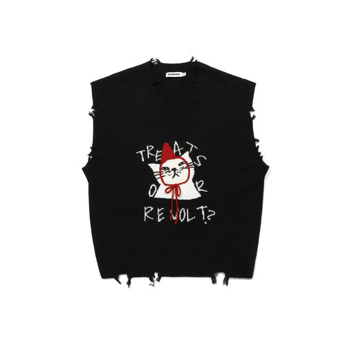 云旗同款GUUKA潮牌小红帽猫咪情侣毛衣背心男 绵羊毛针织马甲坎肩 - 图3