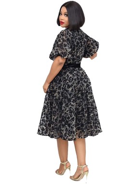 Women's flocking mesh lace dress立领黑色植绒网纱蕾丝连衣裙女