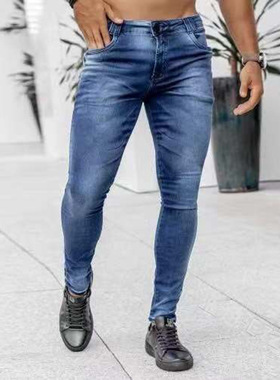 Men's slim fit high waisted jeans男跨黑色修身高腰牛仔小脚裤