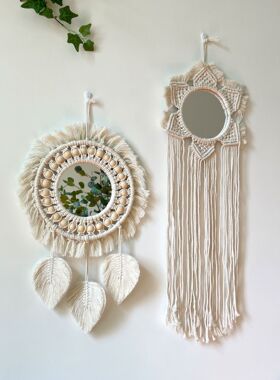 波西米亚编织叶子羽毛化妆镜 客厅卧室玄关装饰镜子挂毯 外贸