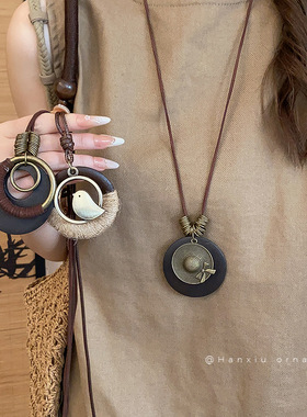 复古民族风木珠银杏叶毛衣链女