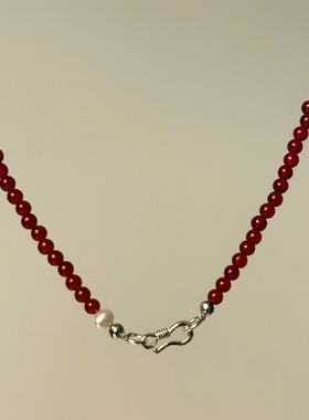 可挂吊坠天然红玛瑙淡水珍珠项链s925纯银气质复古小众显白新年女