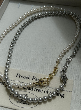 施家珍珠串珠女U型马蹄扣锁骨链