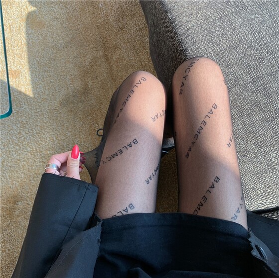 Letter printed thin sexy stockings black