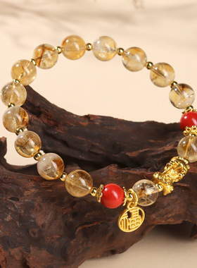 批发天然水晶黄塔晶帝王红朱砂福牌手链新中式时尚原创女发彩手串