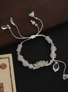 新中式古风杏色荷叶莲花串珠手工编织绳手链国风设计高级感手饰女